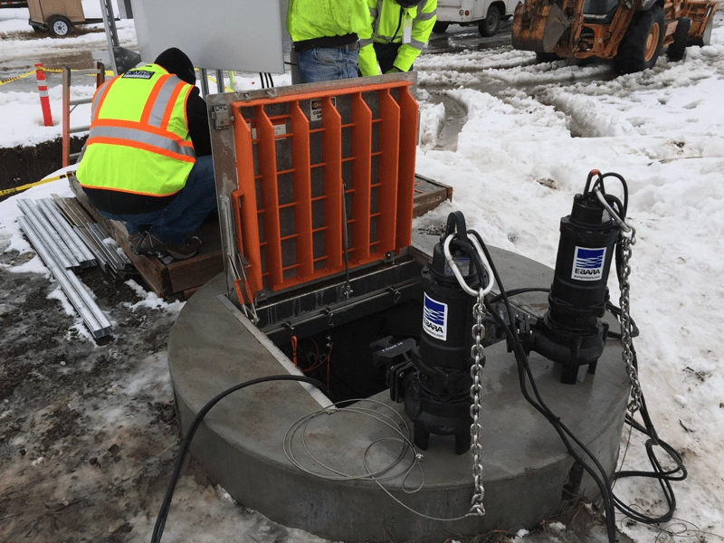 reclamation-lift-station-installation Ebara Submersible Pumps Sitting on Wet Well