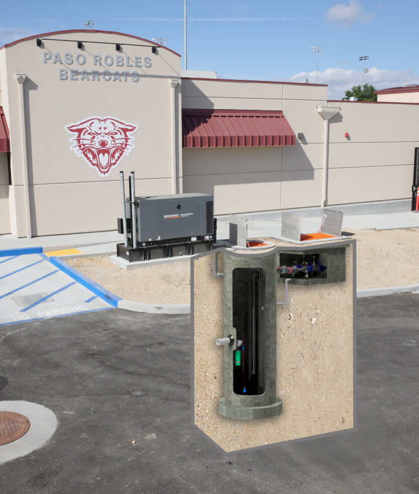A composite drawing of a wastewater pump station designed, built, and supplied by Romtec Utilities at a high school in California