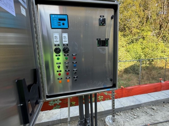Control panel for the apartment wastewater lift station of the Creekside Village apartments in Vashon Island, Washington.
