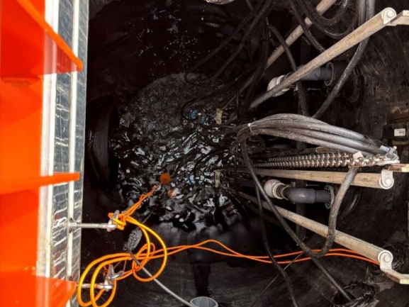 Pumps inside HDPE wet well in agriculture center wastewater lift station in Albany, Oregon